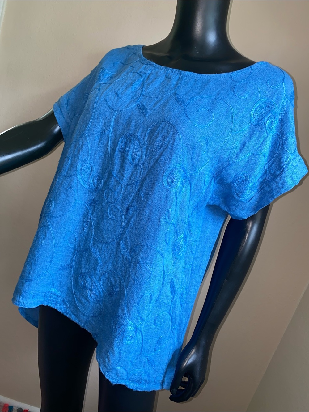 Terzo Millennio Blue Embroidered Scoop Neck Linen Tunic Top - Picture 3 of 10